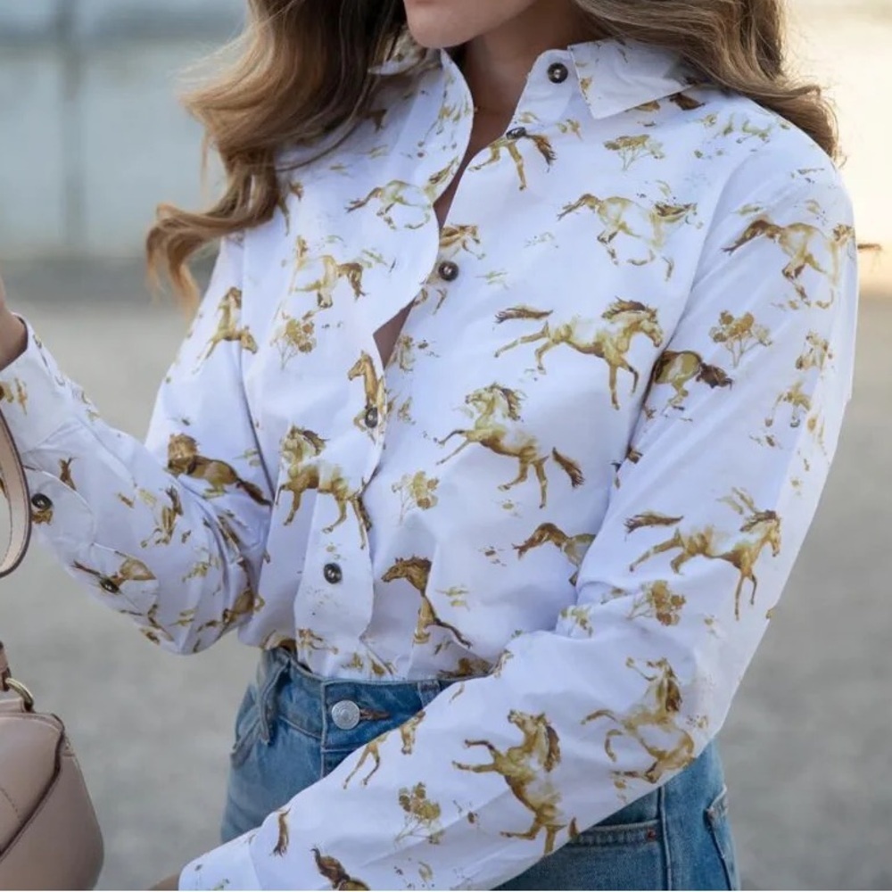 Ganni Weston Horse Print Button Front Shirt Scalloped Cotton Size 40/ M
